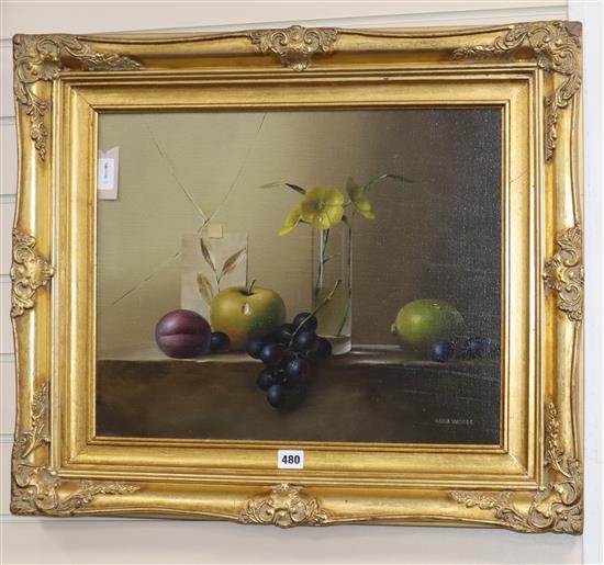 Mike Woods (b. 1967), oil on canvas, still life of flowers and fruit on a ledge, signed, 39.5 x 49.5cm